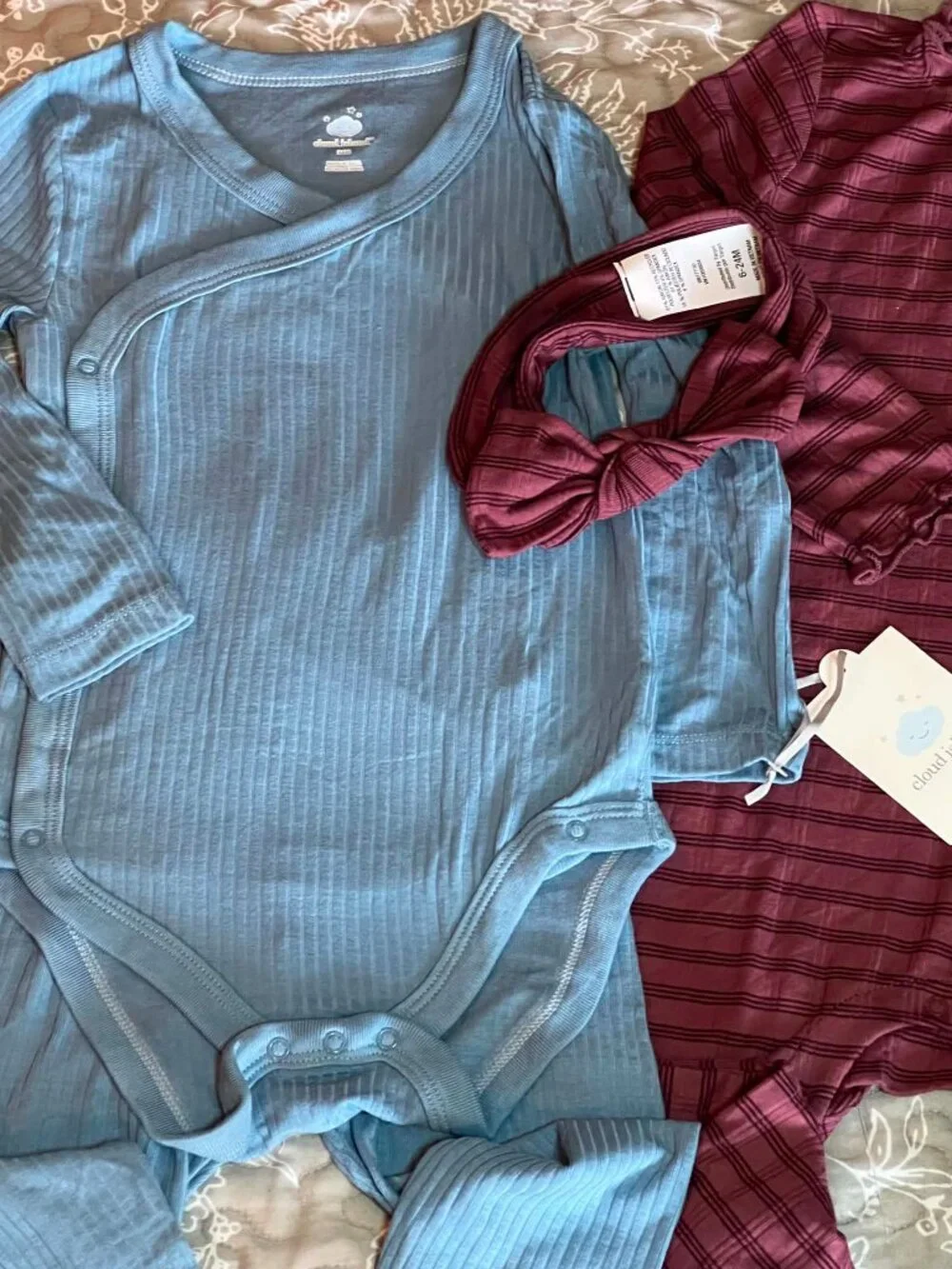2Pc BodySuit Leggings Blue & Romper W/ Headband Maroon Size 24M